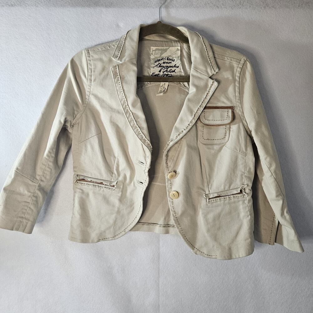 Abercrombie & Fitch Sz L Women Beige Khaki Vtg Blazer 2 button Raw Trim Crop 3/4